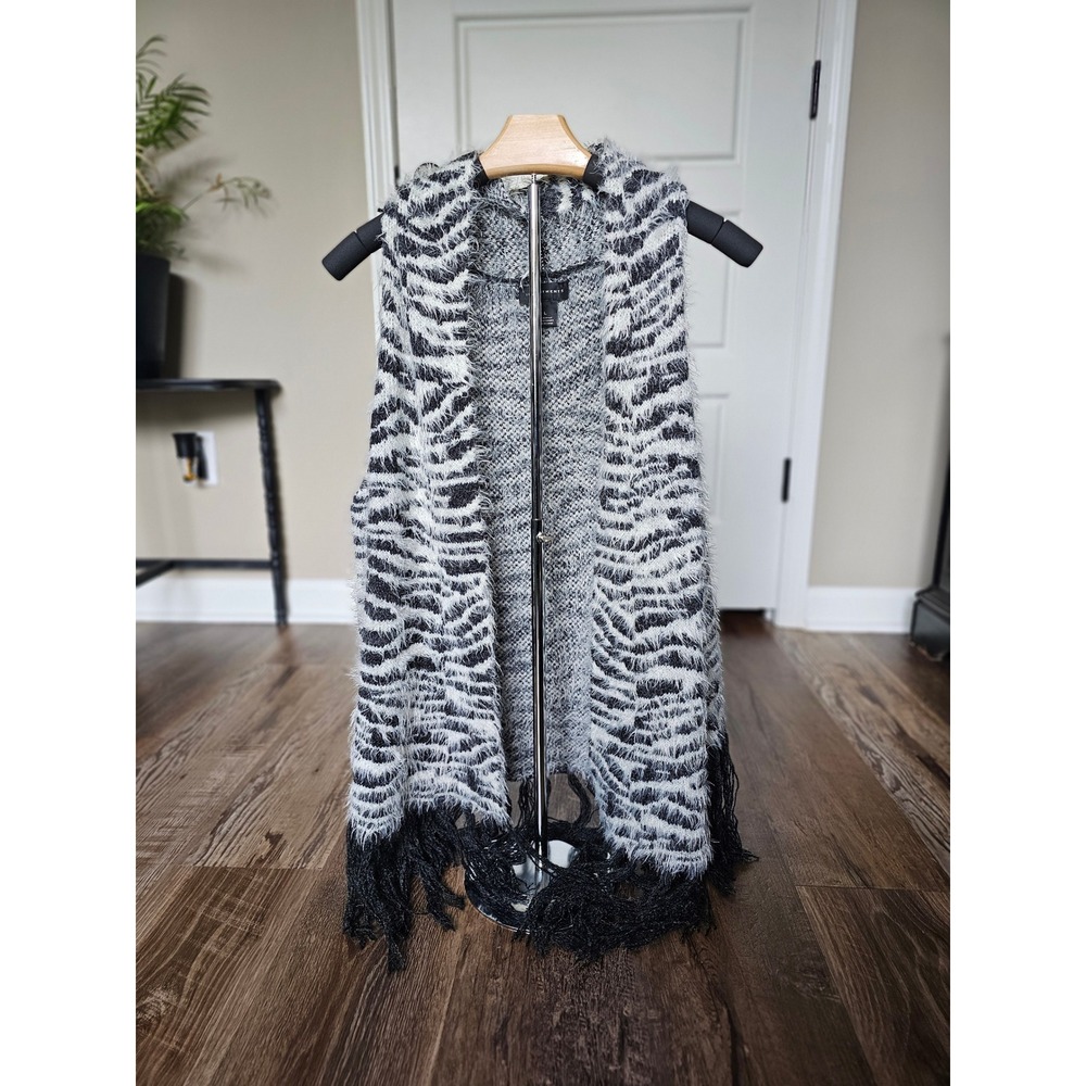 Investments Zebra Print Eyelash Knit Fringe Vest Black White Open Front‎ Large